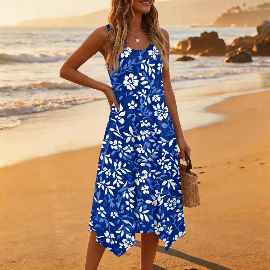 Women Sleeveless Casual Floral Print Dress Round Neck Irregular Hem Mid Length Summer Dress