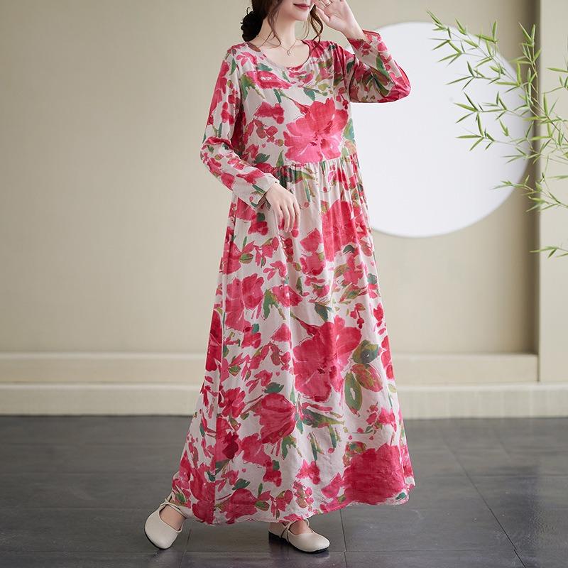 Dress A Variety of Color Holiday Style Travel Round Neck Vintage Flesh-covered Cotton Hemp Long Dress