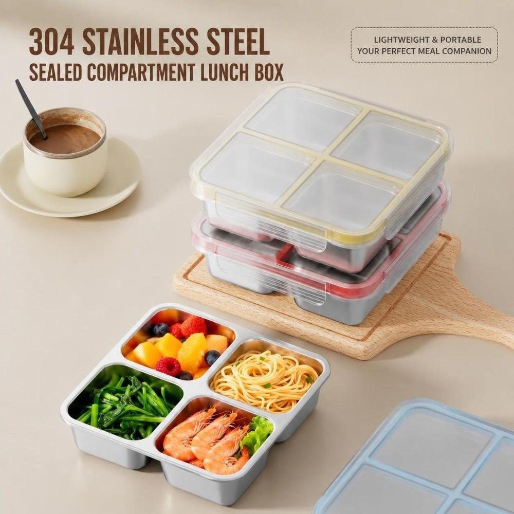 4 Grid Square Sealed Snack Box 304 Stainless Steel Thermal Lunch Box  School Office