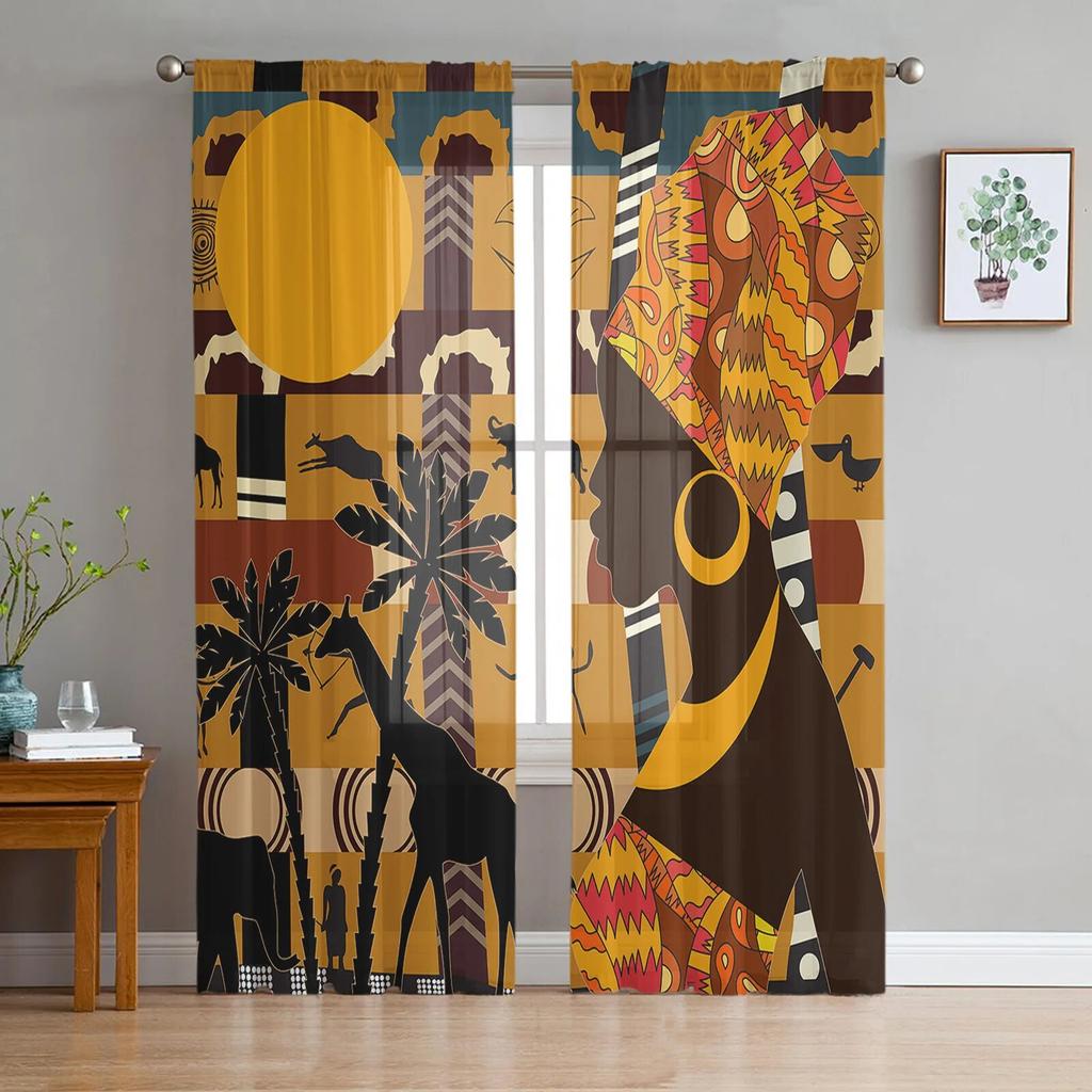 Afrikanische Frauen Ethnische Giraffe Elefant Tüll Vorhänge Für Wohnzimmer Chiffon Voile Sheer Fenster Vorhang Für Schlafzimmer