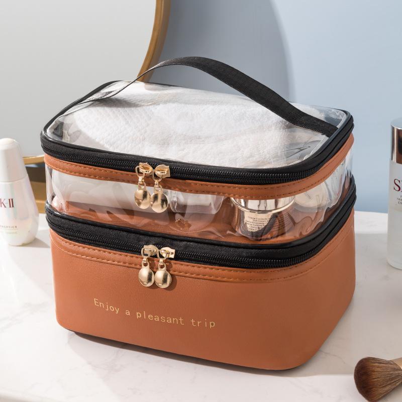 

Waterproof Double-Layer PU Cosmetic Travel Handbag - Large Capacity, Fashionable, Solid Color, Transparent Toiletry Storage Bag