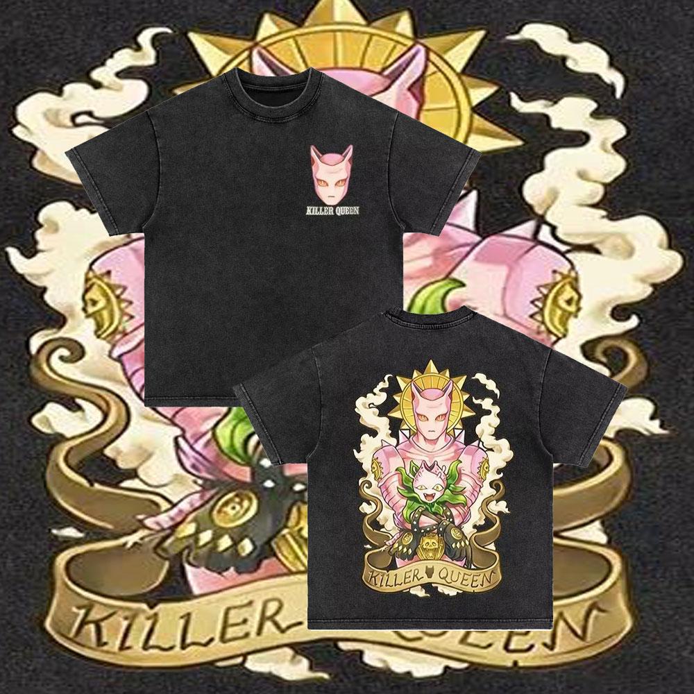 Japonské anime Jojo Bizarre Adventure Vintage prané tričko Killer Queen grafická trička Pánské Dámské Cosplay Nadměrné tričko
