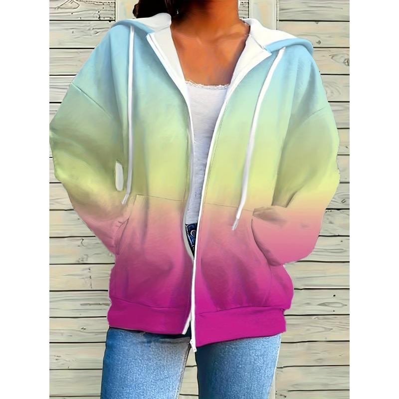 Woman Sweatshirts Simple Gradient Print Long Sleeves Zip Hoodie Autumn Casual Drawstring Design Fashion Women's Hoodie