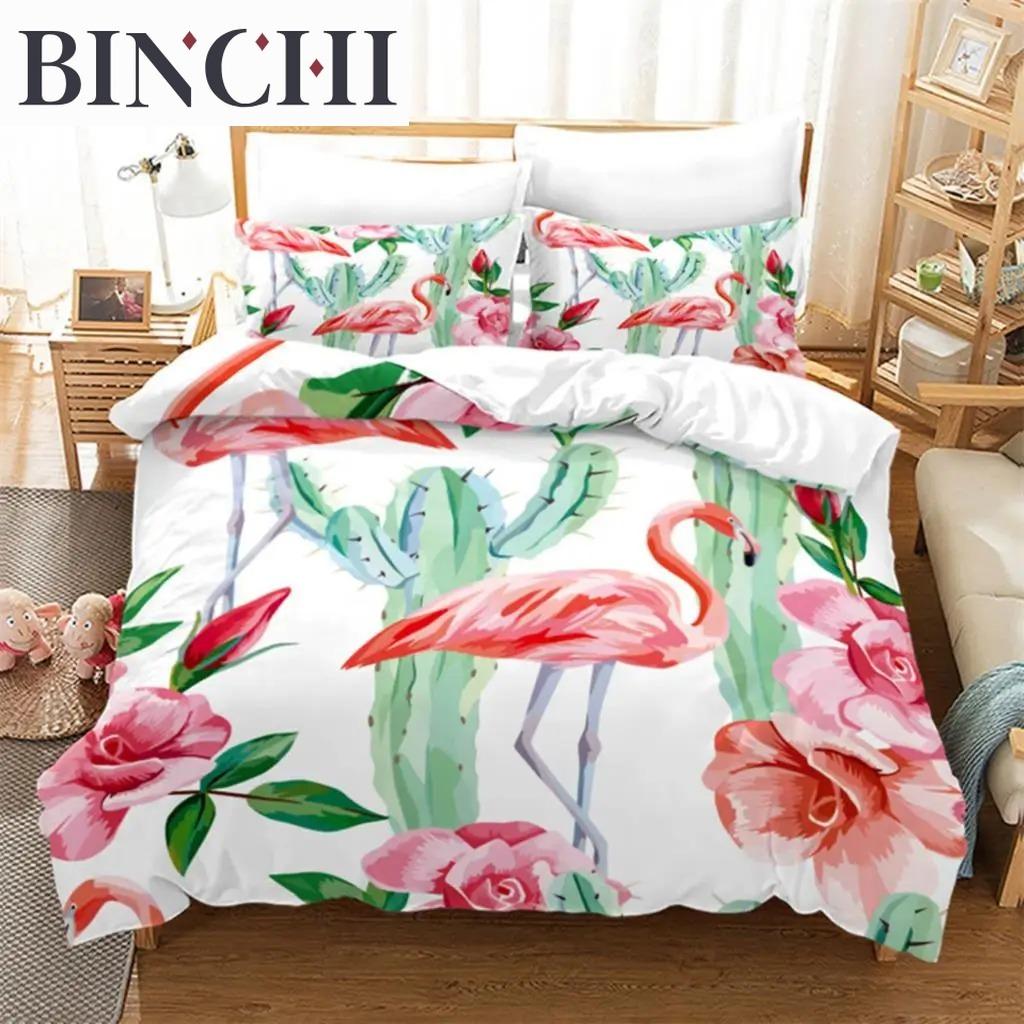 Soft Flamingo 3D Print Bedding Set Fresh Style Cartoon Animals Green Leaves Tropical Fruit Floral D