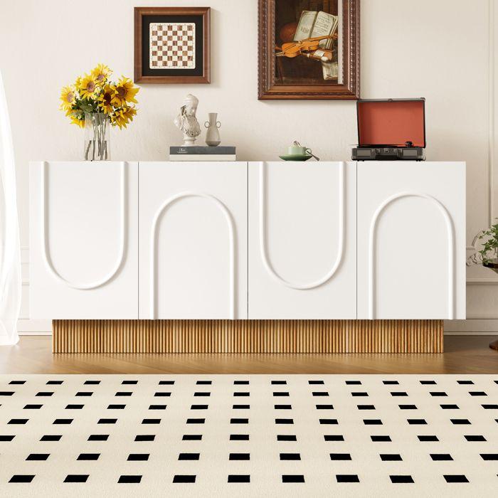 Buffet moderne - MODERNLUXE - 160x38x75 cm - 4 portes - Structure en U - Design en relief - Panneaux de particules - Blanc+naturel