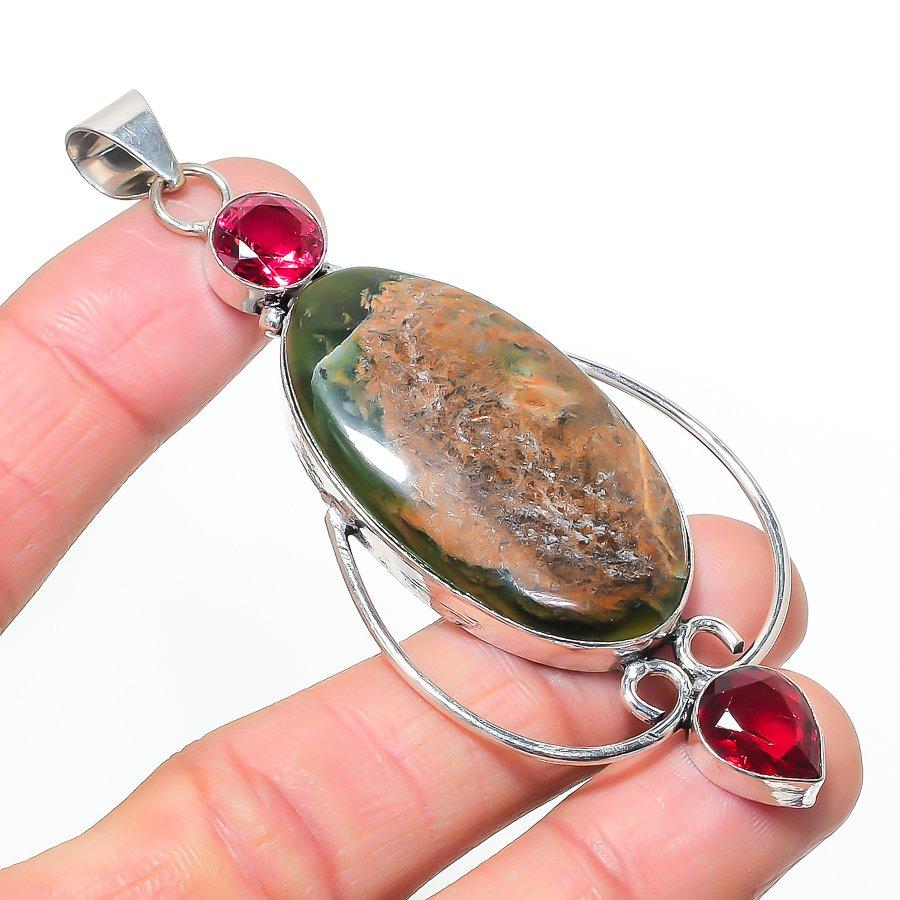 Natural Nephrite, Rubillite 925 Sterling Silver Jewelry Pendant 3.55 AP-14520