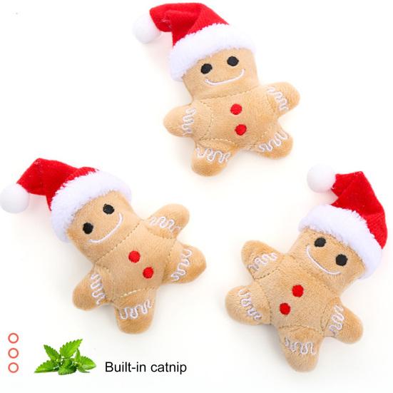 Kitten Toy Soft Comfortable Cartoon Increase Appetite Clear Stomach Teeth Cleaning Long Lasting Christmas Hat Gingerbread Man Cat Plush Toy for Home