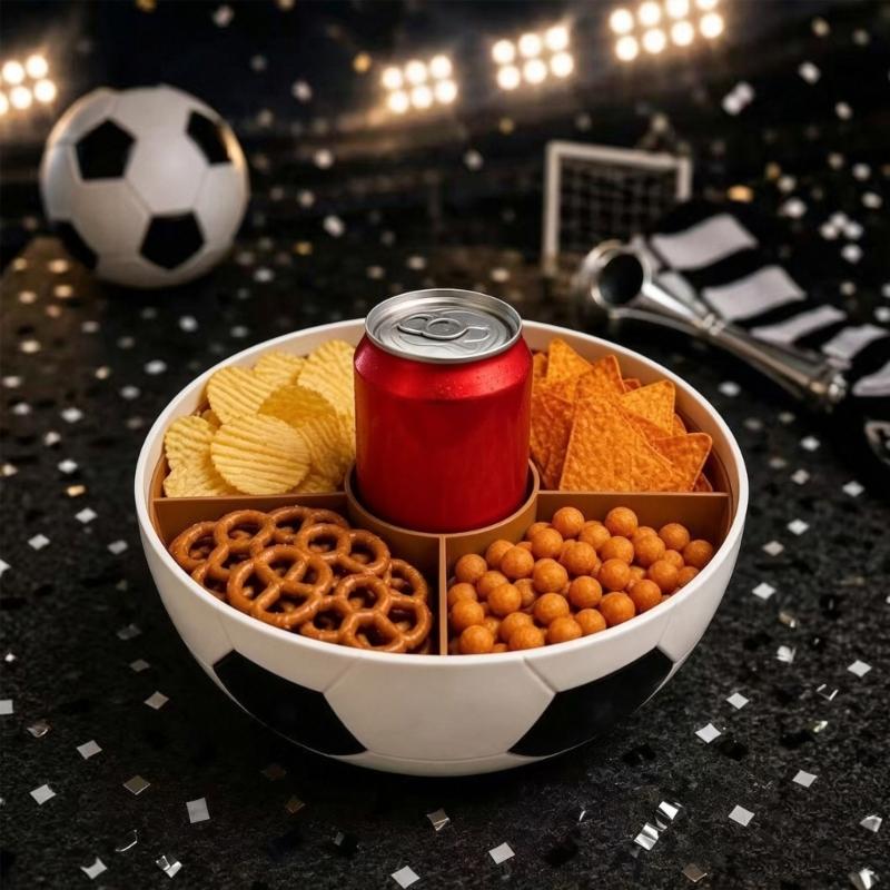 Snack Tray with Center Cup Slot, Soccer Style Serving Bowl for Sports Table Use, Ball Pattern Dish for Chips