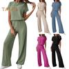 Women's Two Piece Knit Set Short Sleeve Sweater Top Wide Leg Pants Lounge Sets Ribbed Knitted Casual Outfit for Spring Autumn