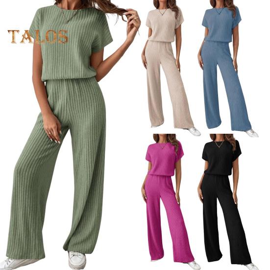 Dámská dvoudílná úpletová souprava svetr s krátkým rukávem Top Široké nohavice Kalhoty Lounge soupravy Žebrovaný pletený ležérní outfit na jaro podzim