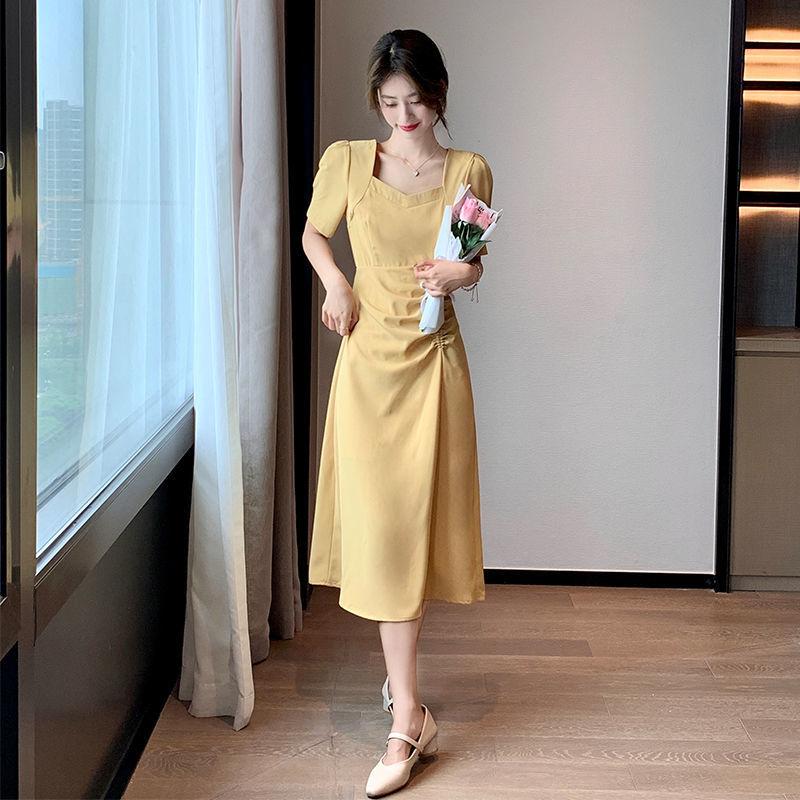 

Летнее однотонное платье, элегантное модное платье с квадратным вырезом, плиссированной талией и узкими рукавами-пузырьками 2XL жёлтый