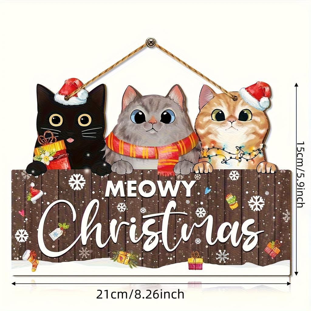 1pc 2D Flat, 2D Flat Christmas Wooden Hanging Ornament - Set of 3 Cats with Santa Hats and Scarves,  Suitable for Living Room