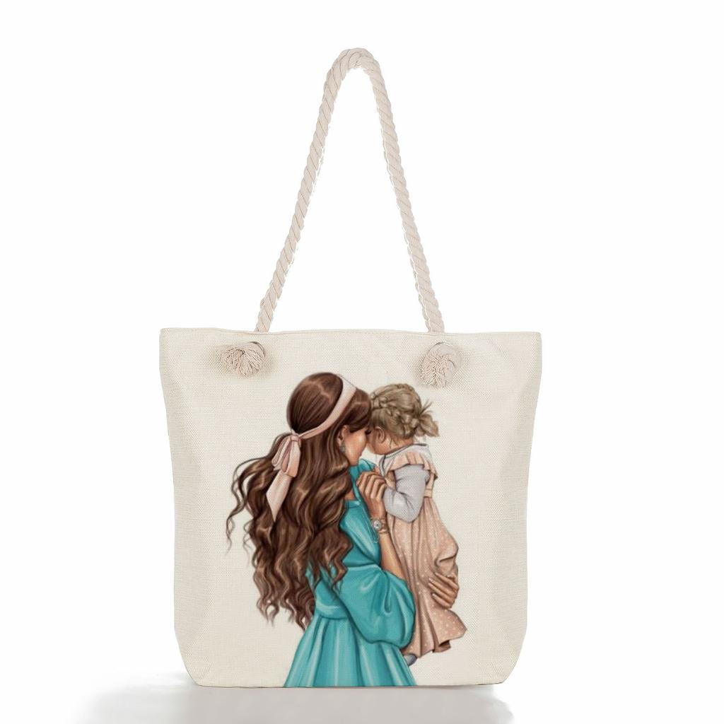 Multifunctional Mom Series Printed Thick Rope Shoulder Beach Bag Casual Large Capacity Handbag 7617