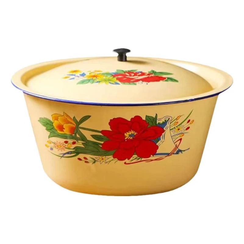 Enamel Bowl Old-Fashioned Nostalgic Retro Vintage Enamel Mixing Bowl with Lid Vegetable Salad Cake Container Chinese Soup Basin