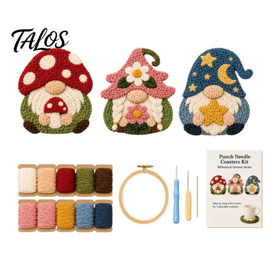 Gnome Punch Needle Coaster Kit Kit, DIY Craft Set with Pre-Printed Fabric for Adults Yarn Hoop Felt Backings, Embroidery Beginners And
