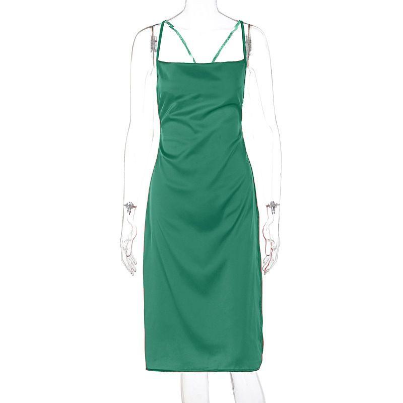 

Lightweight Plaid Satin Silky Shoelace Backless Dress Elegant Slightly Mature Style Women s Silm Sling Midi Dress Green L