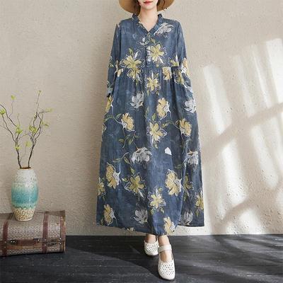 Jurken met lange mouwen, katoen in grote maten, vintage bloemen, nieuw binnen, voor dames, casual losse lente herfst jurk