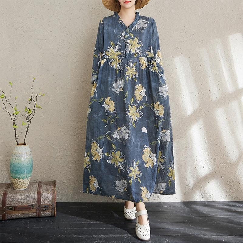 

Платье женское повседневное свободное весеннее осеннее с длинным рукавом, большого размера, хлопковое, винтажное, с цветочным принтом, новинка XXL