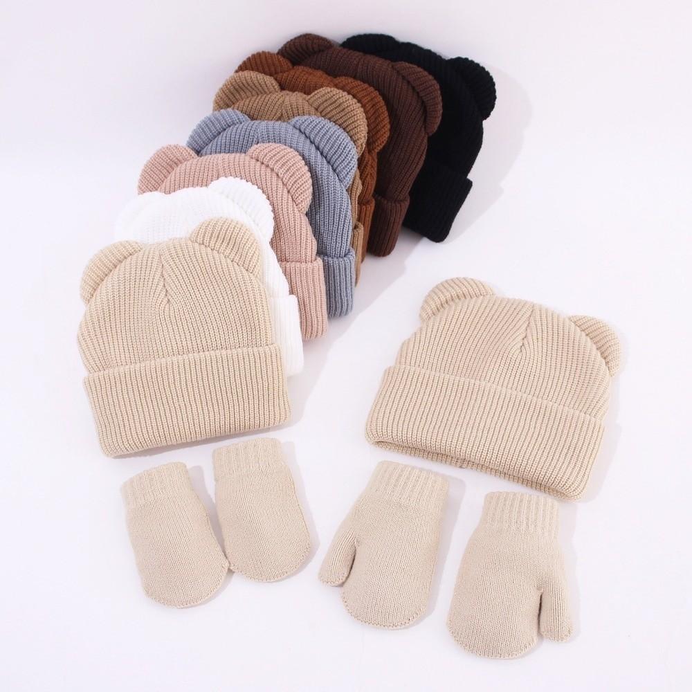 Knitted Bear Ear Earflap Hat Warm Knitted Hat Glove Set Children's Winter Hat for Boys Girls Kids