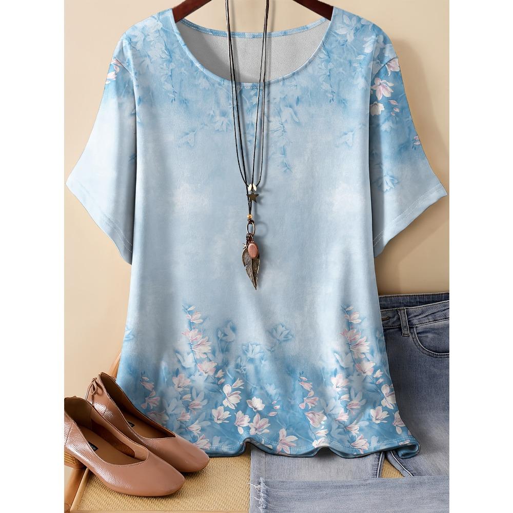 Summer Women Pattern Splicing Flower 3D Printed Short Sleeved T-shirt Fashionable Comfortable Soft Breathable Large Loose Retro Style T-shirt