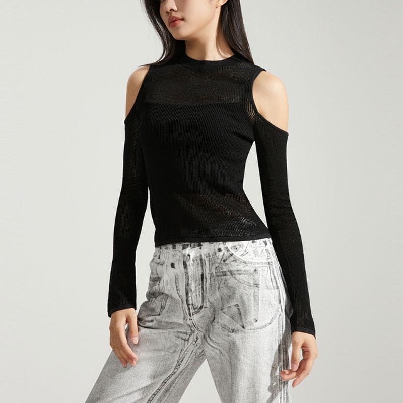 Calvin Klein Solid Color Sleeveless Pullover Mesh Off-Shoulder Knit Top Casual Set Women Tops Space-Black J222958-BEH
