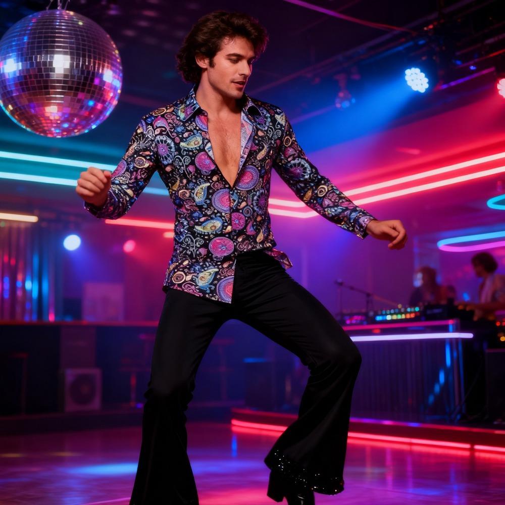 Men's Stage Performance Disco Set - 70s Retro Floral Shirt High-Waisted Bell Bottoms
