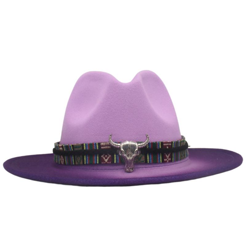 Trendy Tibetan Top Hat, Western Cowboy Hat, Bull Head Big Brim Woolen Felt Hat Gradual Change Color Spray Paint Two-Color Hat