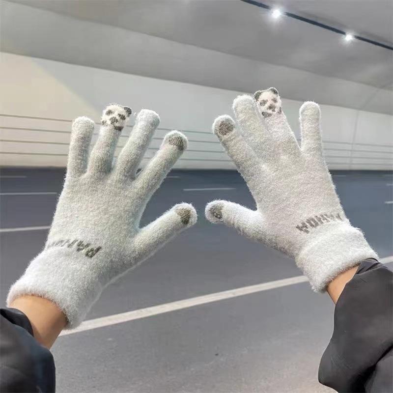 Niedliche Plüschhandschuhe für Damen, verdickt, um im Winter warm zu halten, Touchscreen-Strickwolle zum Radfahren, kältefest für Schülerinnen im Winter