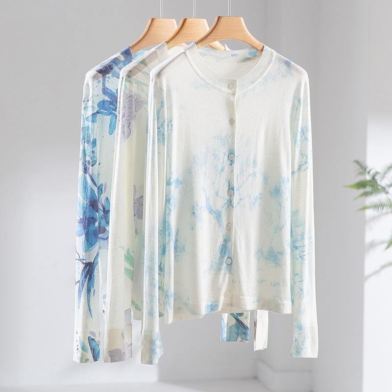 Acetic Acid + Wool Painted Printing Knitted Crew Neck Cardigan Women's Summer New Sunscreen Top Thin