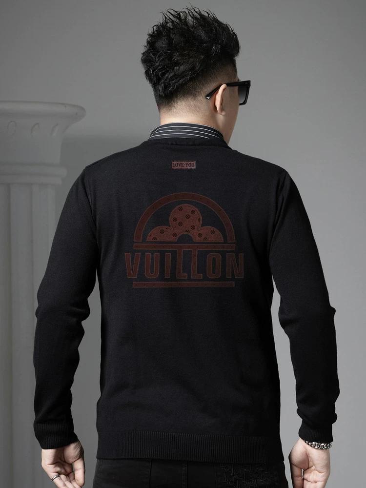 European-Style Faux Two-Piece Round-Neck Sweater for Men, Autumn and Winter Trendy Brand Printed Warm Knit Pullover Sweater