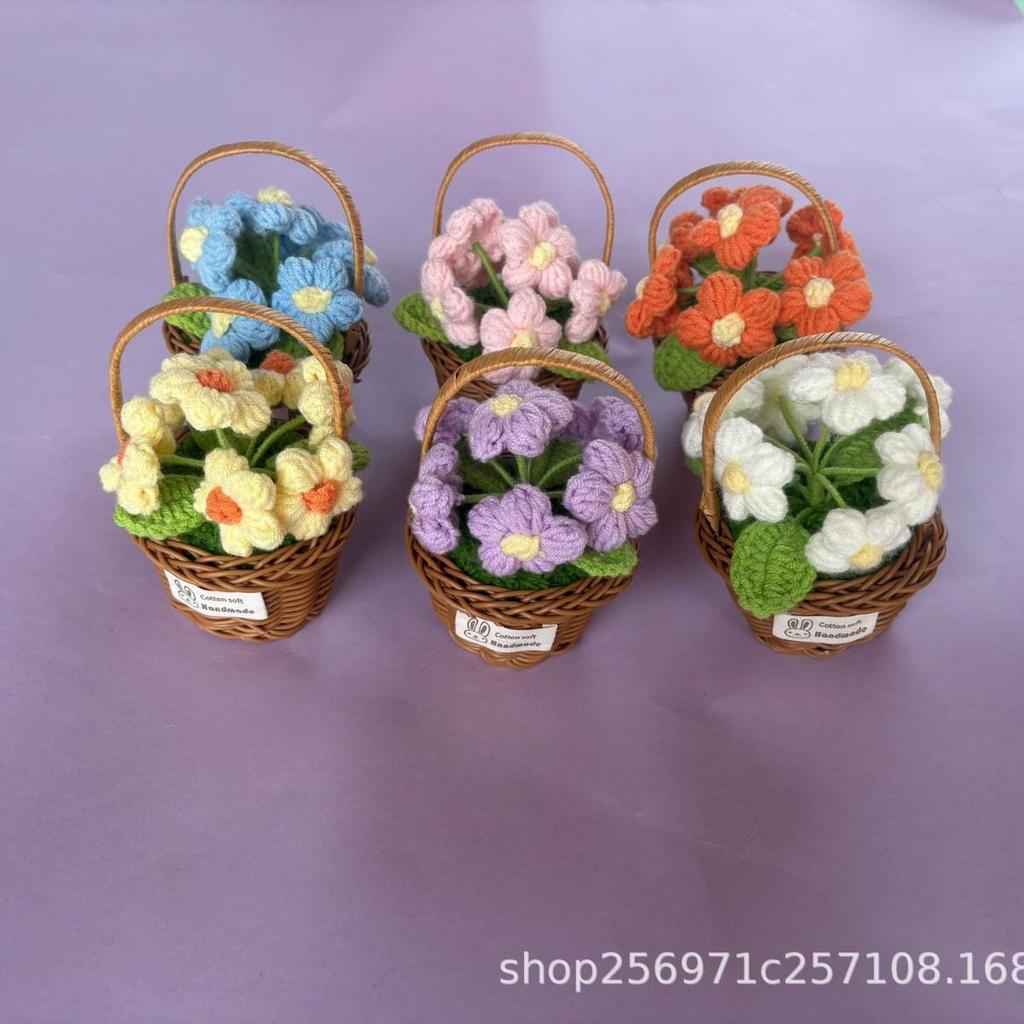 Blue Crochet Puff Flower Desk Ornament: Knitted Potted Plant Decoration