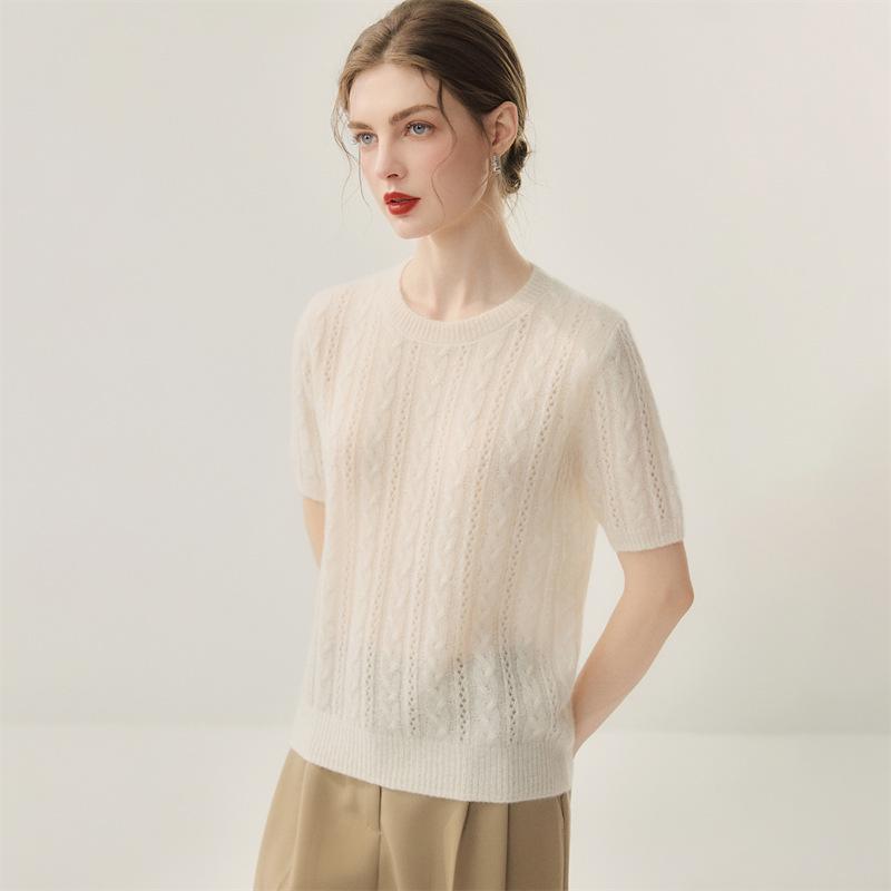 Lekasha Cashmere Cable Knit Hollow Design Round Neck Loose Women's Short Sleeve Top