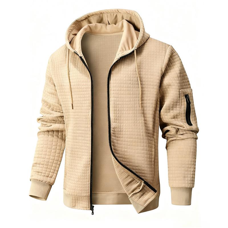 Men S Solid Color Waffle Knit Full Zip Hooded Sweatshirt Casual Jacket