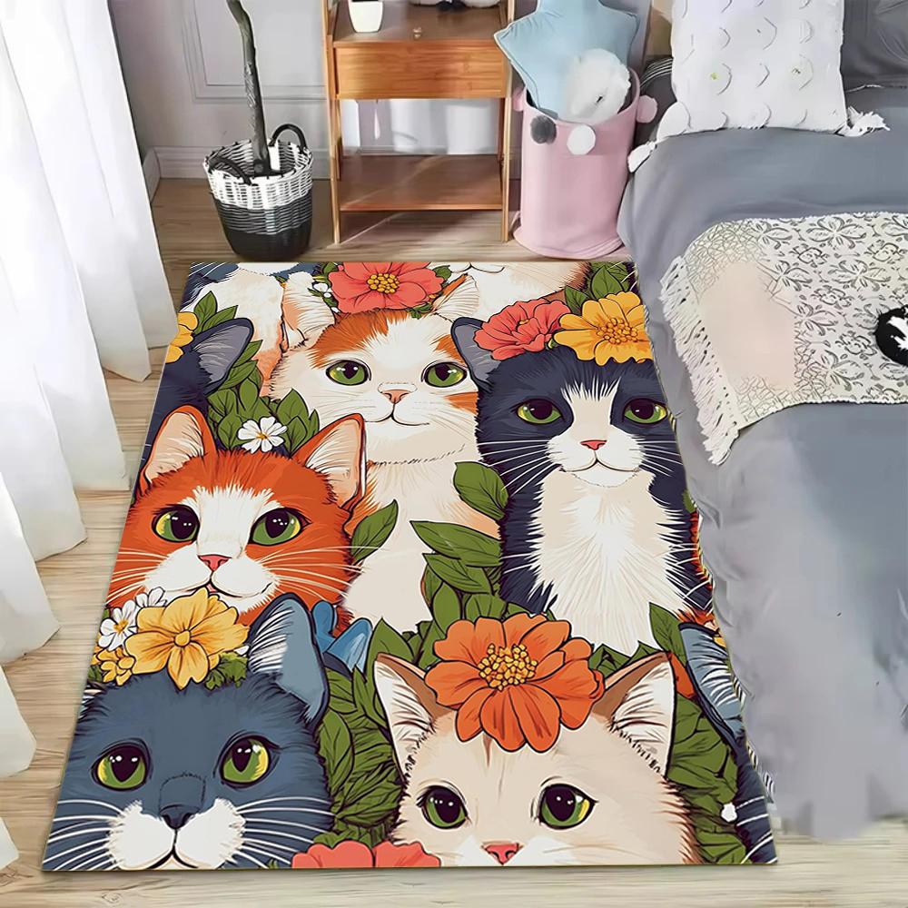 Vintage Floral Cat Print Carpet Cute Animal Themed Rug Modern Art Home Decor Soft Non-slip Absorbent Floor Mat for Living Room