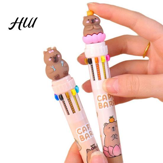 Cartoon Capybara Gel Ink Pens Multicolor 10-in-1 Ballpoint Pen, Cute Push-Type Writing Office Supplies Pen Ten Colors In One Retractable for