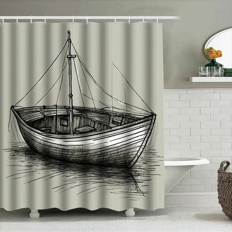 Black And White Sketch Style Boat Shower Curtain Decor A Chic Addition For Your Bathroom With This Stylish Boat-Themed Shower Cu