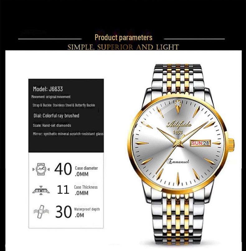Aili Feida Men's Quartz Waterproof Watch with Hollow Back and Calendar Feature.