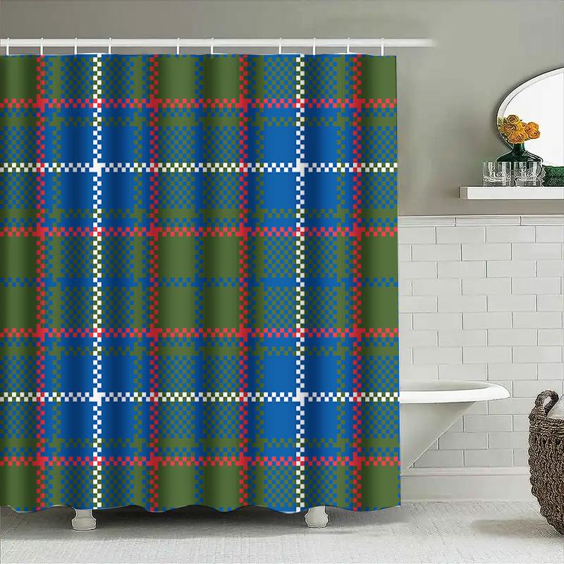 Blue Red Green White Plaid Shower Curtain Bath Waterproof Decorative Plastic Rod Pocket Home Decor (180X245Cm)