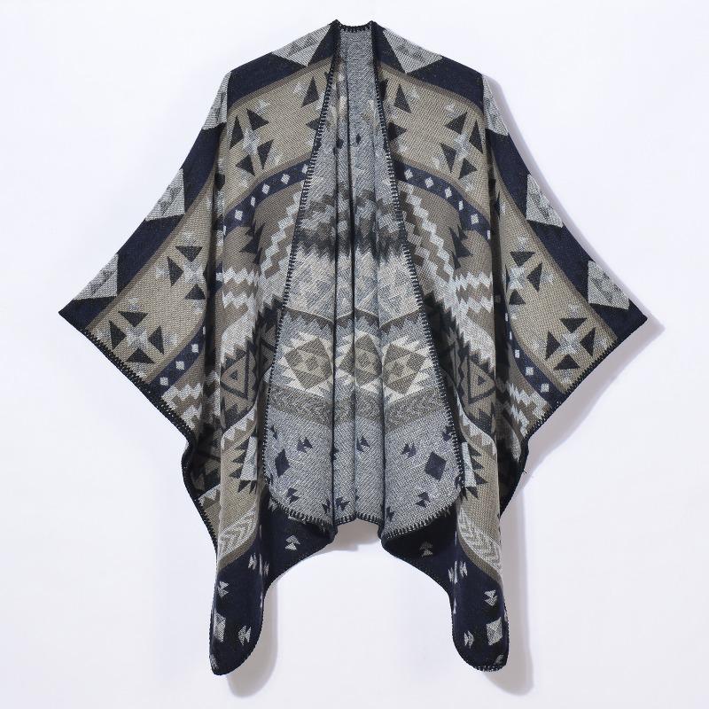Ladies Split Jacquard Scarf Shawl Vintage Versatile Geometric Pattern Cardigan