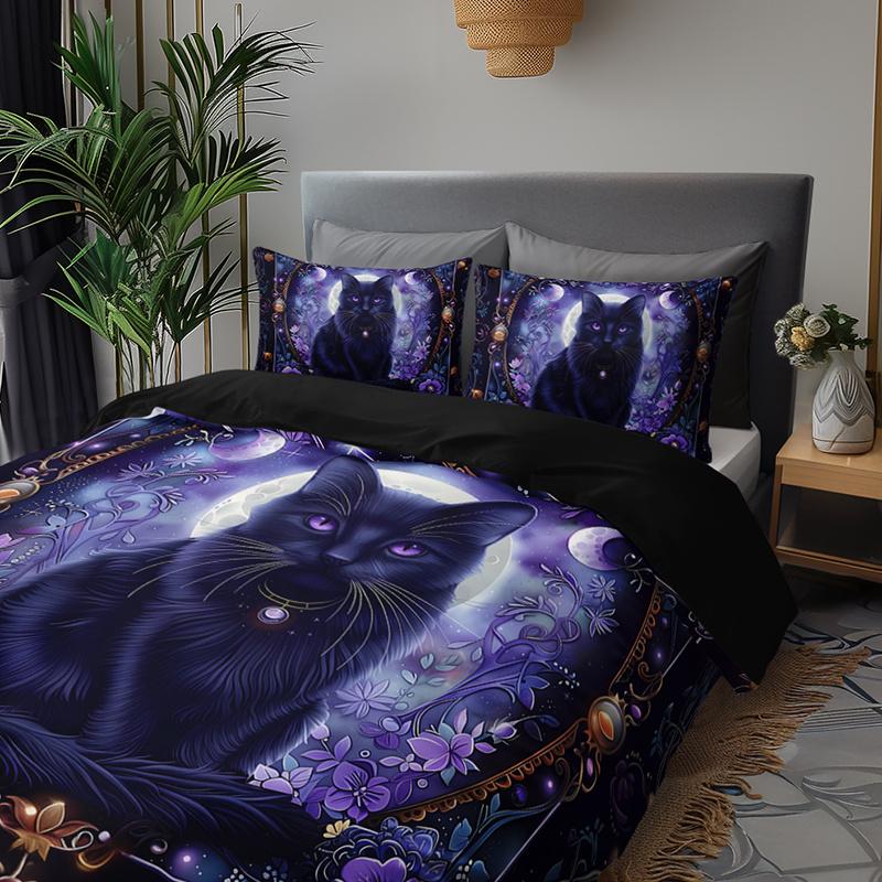 3pcs Mystic Black Cat Bedding Duvet Cover Set Moonlit Cat Bedding Quilt Set Purple Floral Themed Bed Set Elegant Moon & Stars