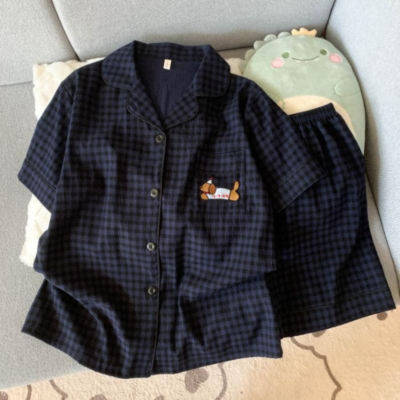 

Comfortable Short Sleeved Shorts Cardigan Student Pajamas Women s Summer Cartoon Bear and Cat Sleepwear Homewear M