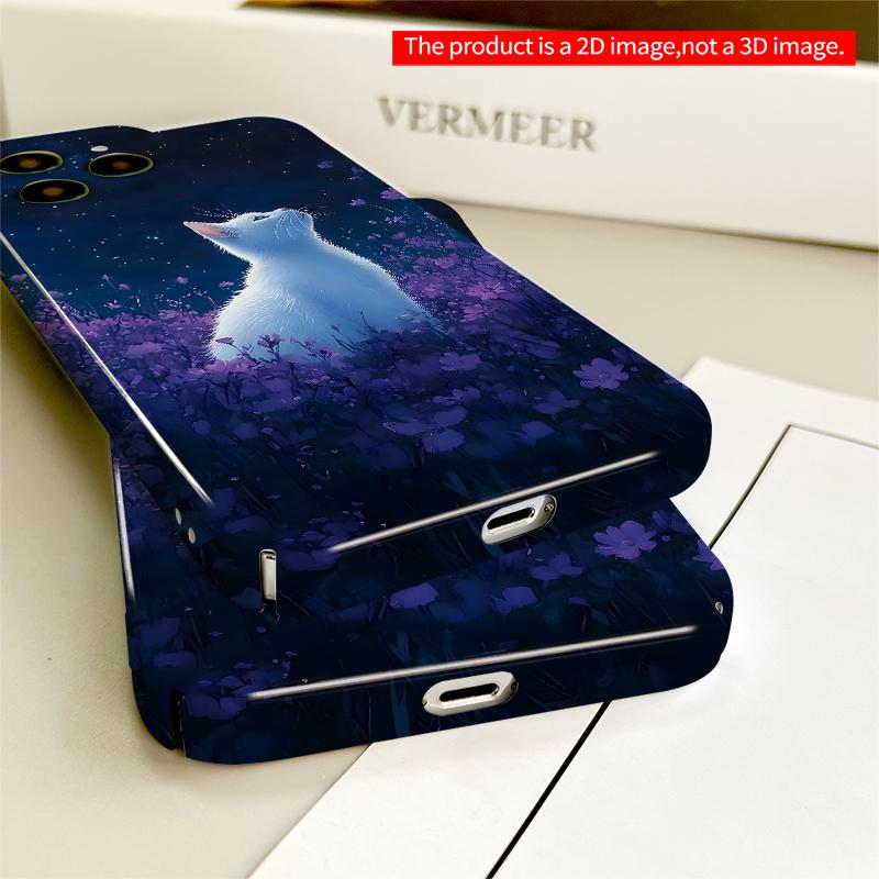 2DFlat Starry Night Cat In Purple Flowers All Inclusive Film Hard iPhone Case, Compatible with iPhone 18 Pro Max 17 16 15 14 13 12 11