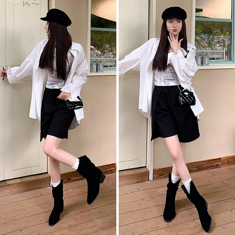 New Spot Leather Cow Anti-Leather Merad Boots Women's Brown Pleated Pile Boots Western Cowboy Boots Medium Tube Short