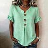 Women V Neck Short Sleeve Casual Solid T Shirt Top with Ruffle Sleeves and Button Front Loose Fit Blouse for Daily Wear