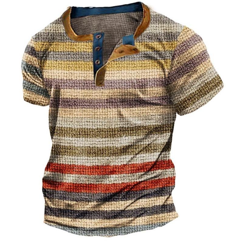 Simple Plaid 3D Printed Stand-Up Collar Men'S Casual Short-Sleeved T-Shirt