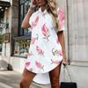 Women Plus Size White Floral Printed Collared Short Sleeve Button Front Curved Hem Shirt Dress
