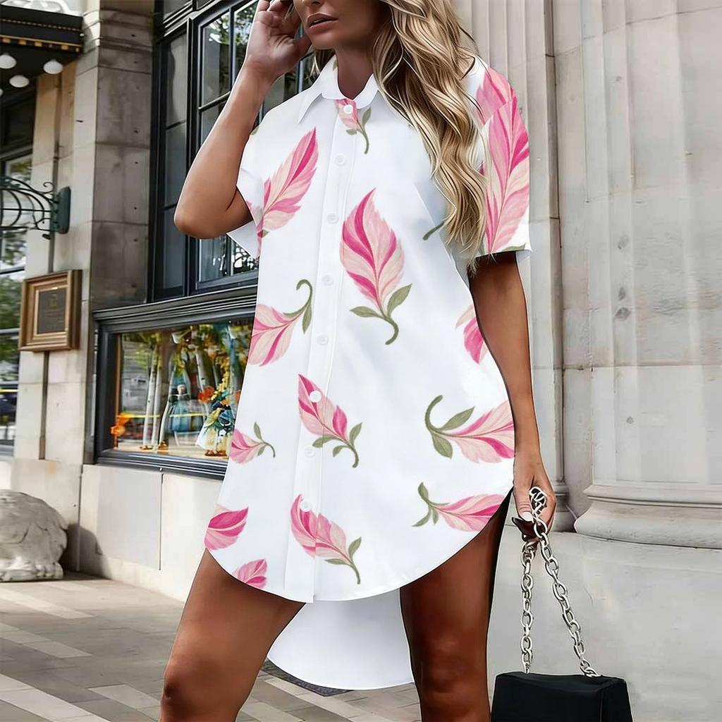 Women Plus Size White Floral Printed Collared Short Sleeve Button Front Curved Hem Shirt Dress