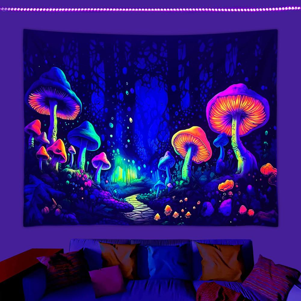 1pc Fluorescent mushroom forest planet black light tapestry, UV neon light tapestry, room wall decoration tapestry