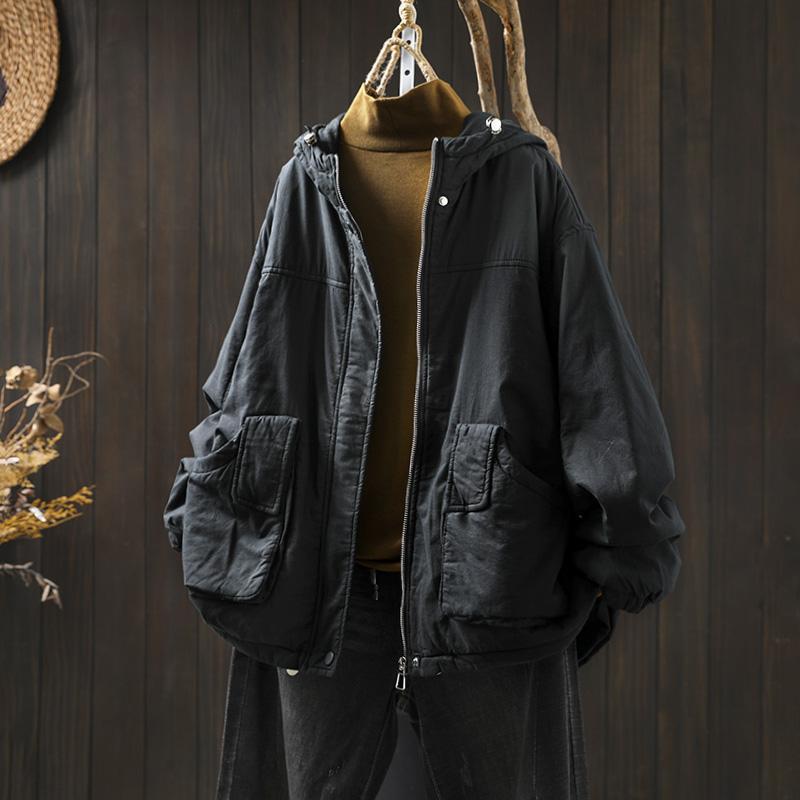 Women's Retro Casual Quilted Cotton Jacket with Hood, Large Pockets, Lightweight, Loose Fit, Plus Size, Winter Warm Outerwear.