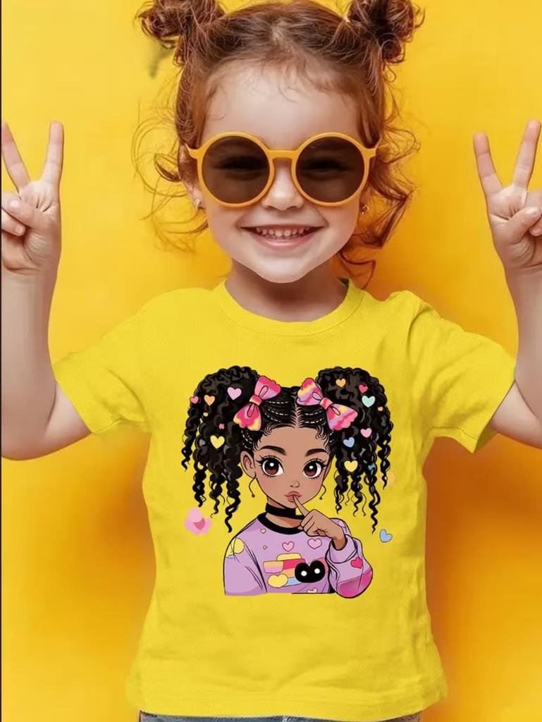 Girls' Summer Crew-Neck Short-Sleeved Top New Black Girls Cute Top Girls Clothes Cartoon Print T-Shirt Top Children's Clothing
